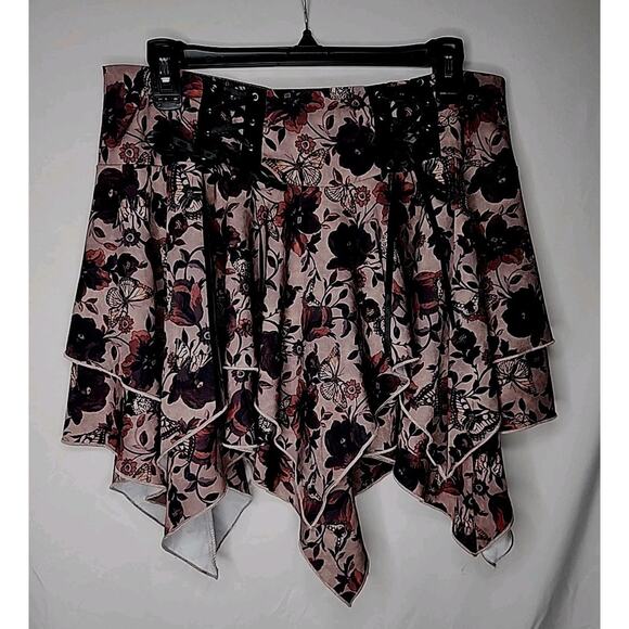 ROMWE Sz Large (8-10) Skirt Floral Butterfly Lace Up Brown Asymmetrical Flutters - Picture 1 of 8